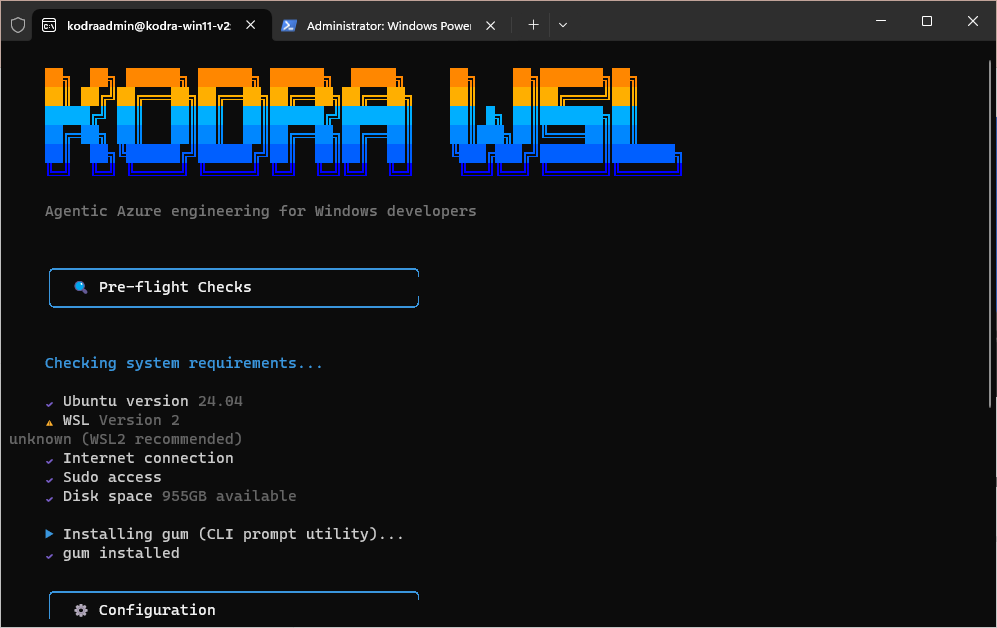 Kodra WSL2 installation showing Docker CE and Azure CLI setup in Windows Terminal