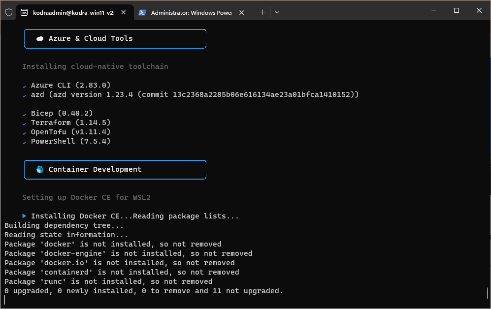 Azure CLI, azd, Bicep, and Terraform cloud tools installing in WSL2 Ubuntu